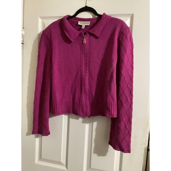 St. John Collection Sweater Womens 14 Fuchsia Zip Front Collared Cardigan Knit - Picture 1 of 7